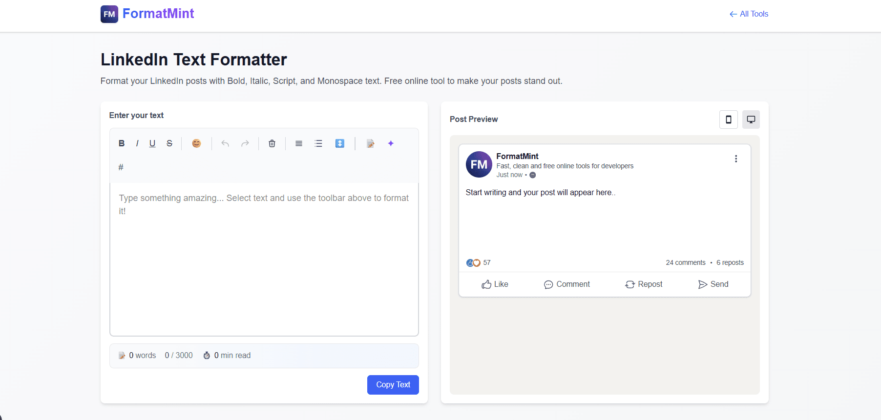 LinkedIn Text Formatter with Templates and Analytics