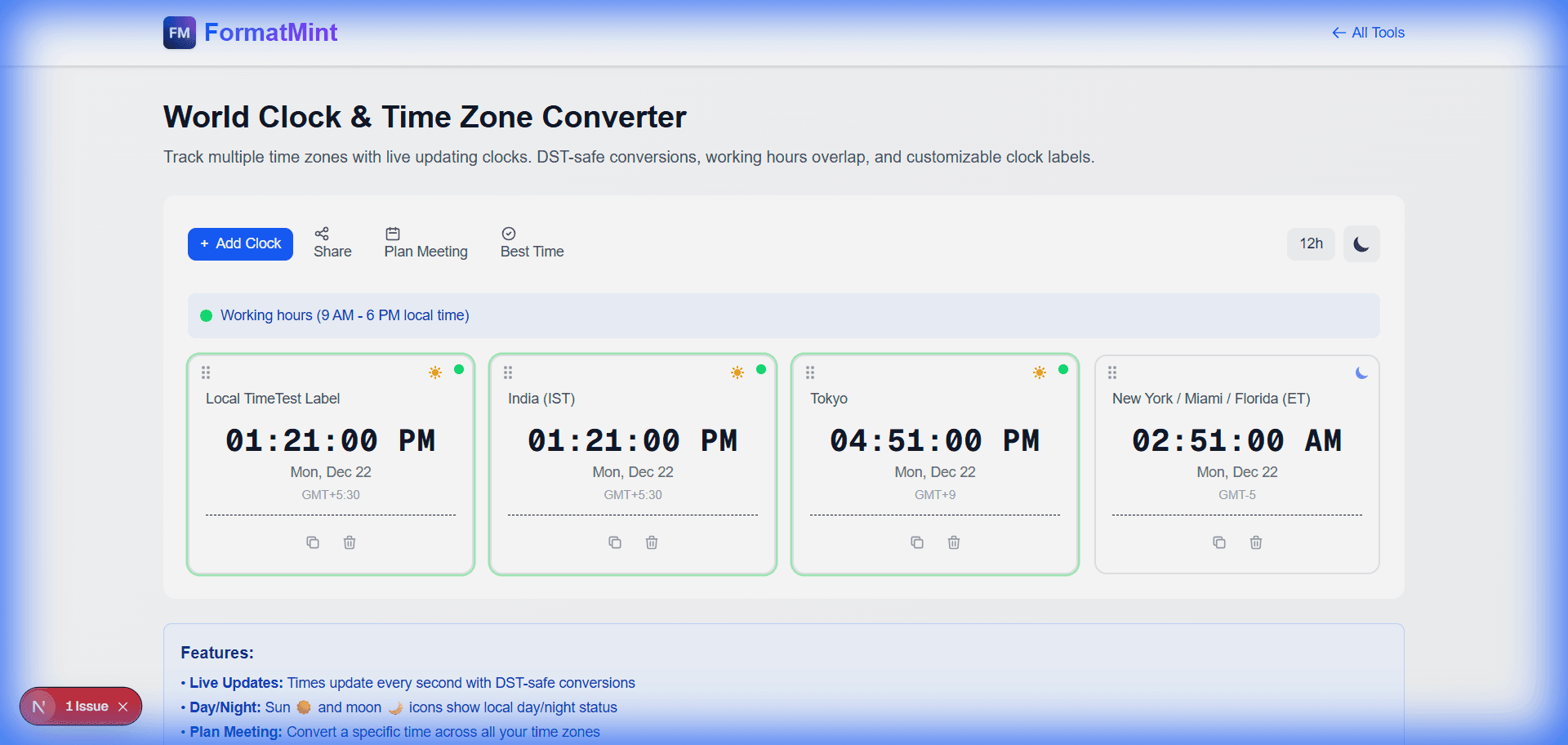 World Clock Dashboard showing IST and EST clocks