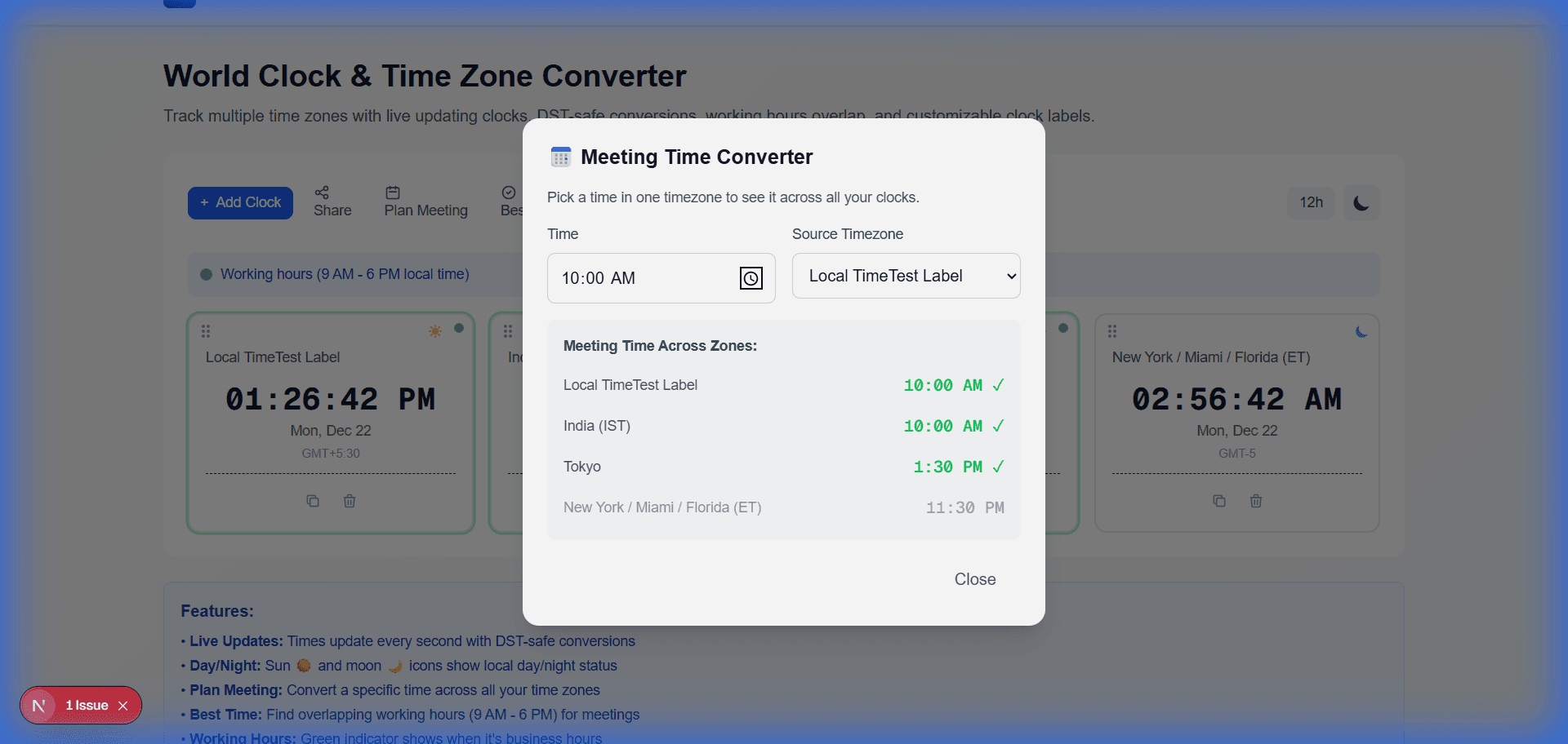 Meeting Planner showing time conversion across zones